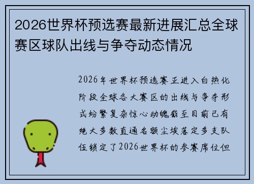 2026世界杯预选赛最新进展汇总全球赛区球队出线与争夺动态情况