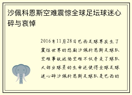 沙佩科恩斯空难震惊全球足坛球迷心碎与哀悼 沙佩科恩斯空难震惊全球足坛球迷心碎与哀悼